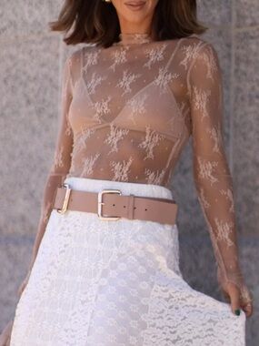 Sheer Lace Long Sleeve Top - coffee Blush